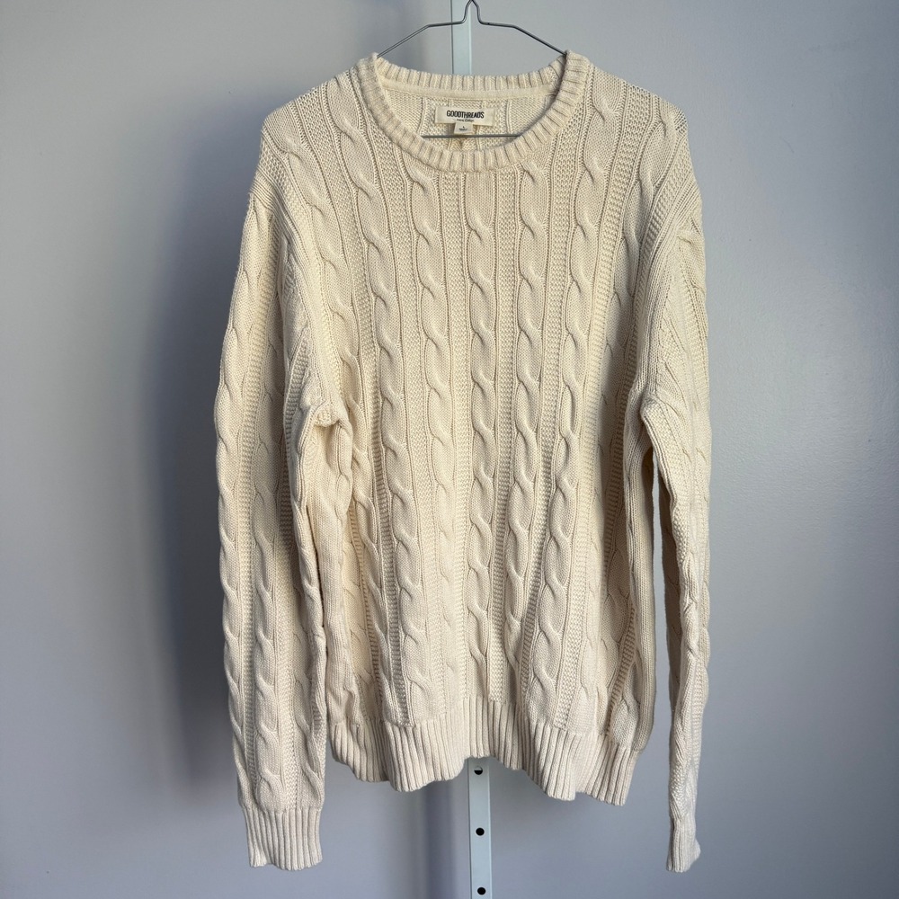 Goodthreads Mens Fisherman Ivory Cable Knit Crew Neck Cotton Sweater Size L